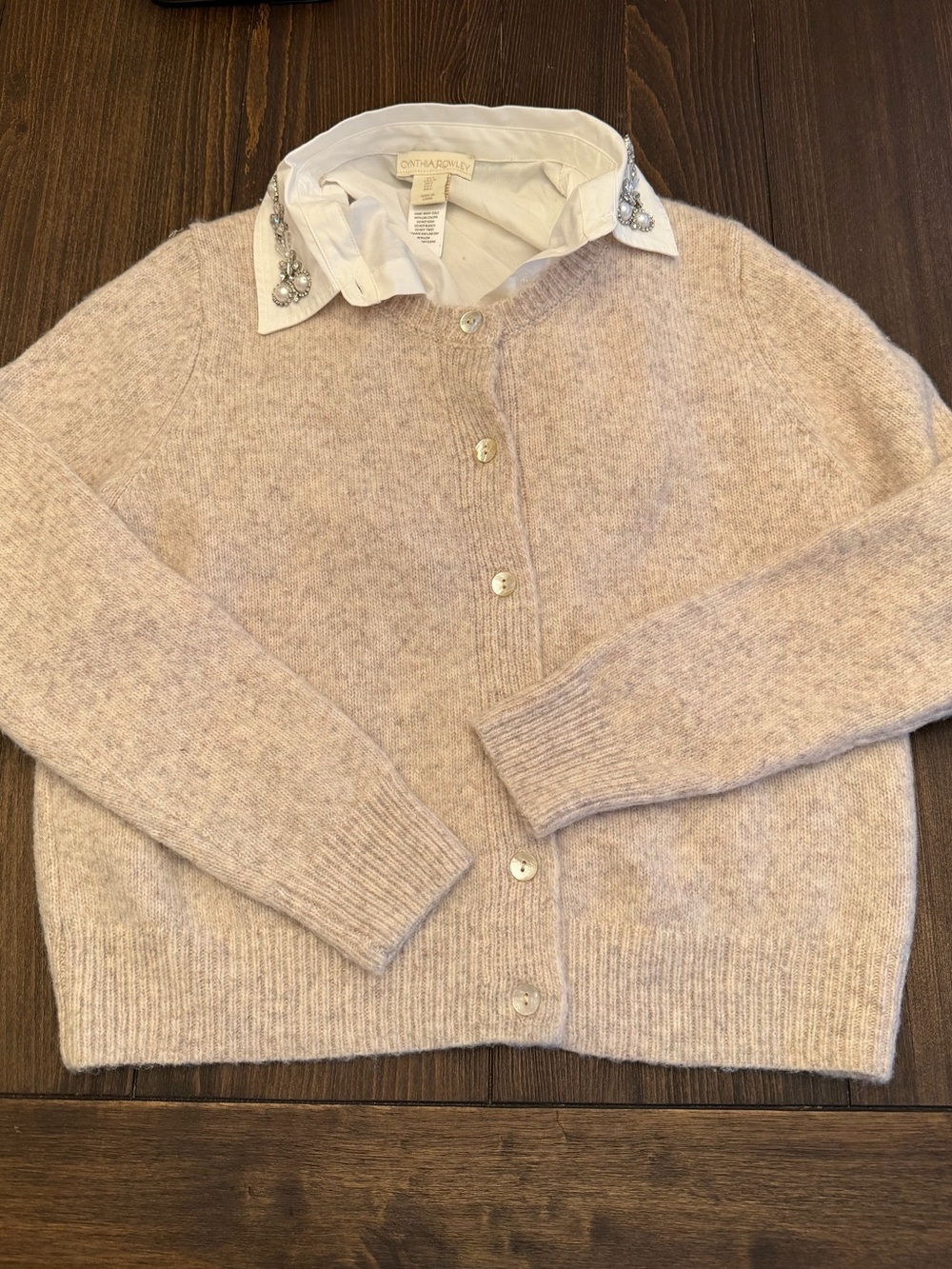 Cynthia Rowley Sweater With Fake Collar Women’s Size Large Cream Tan Cardigan